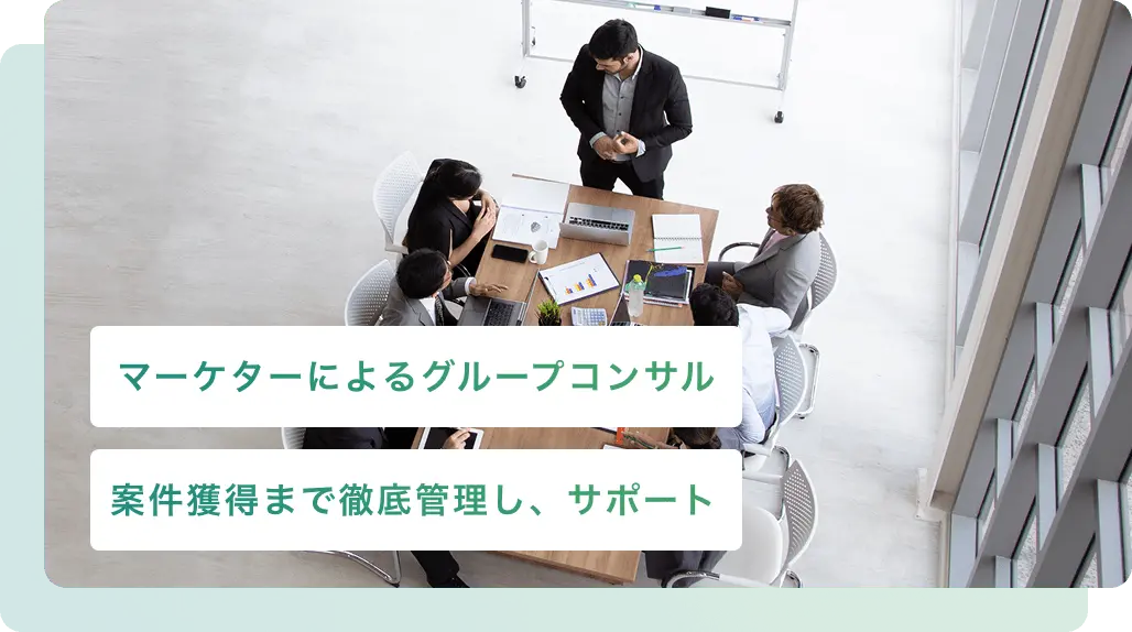 会議室で複数人が集まるビジネス風景、「グループコンサル」や「案件獲得までサポート」とのテキスト入り